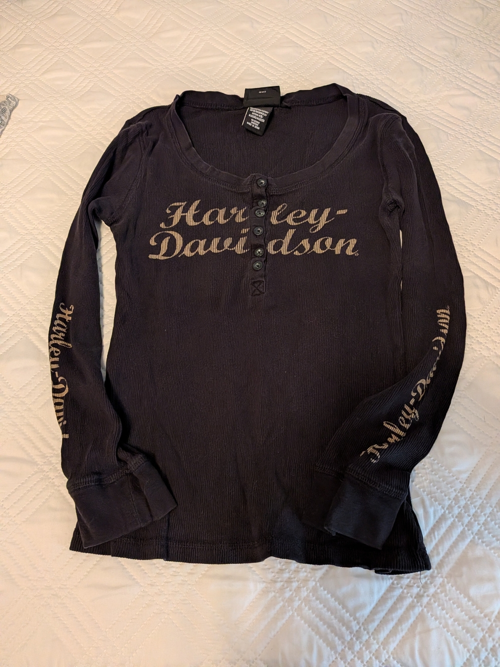Harley-Davidson Black Long-Sleeve Henley Tee with Gold Script